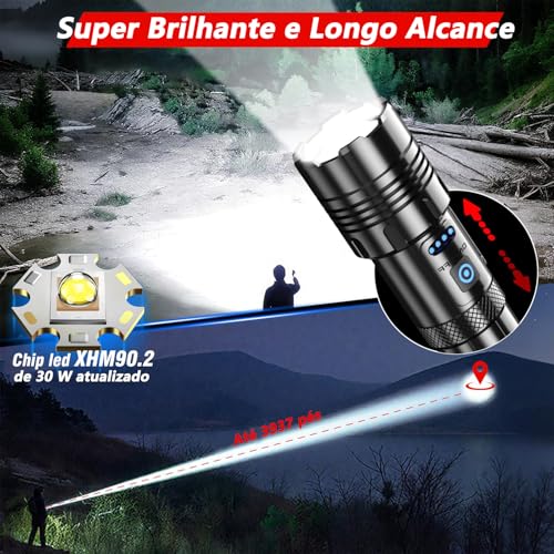 Lanterna Tatica Militar, Lanterna Led Recarregável 10000 Lúmen, com 7 Modos, XHP90.2 Chip e Zoom, Lanterna Potente de Longo Alcance, Acessorios para Acampamento, Pesca, Caminhada, Camping