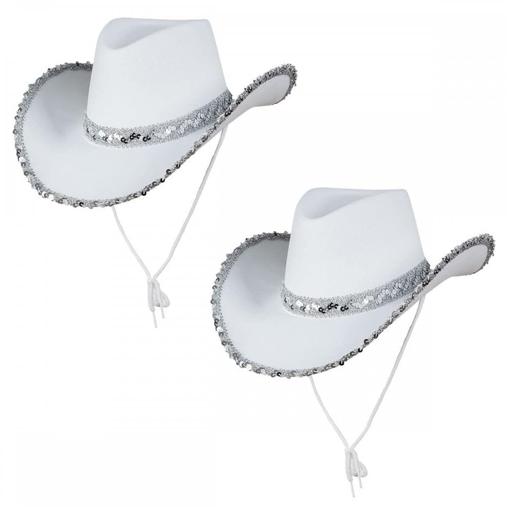 Titch & Timbo 2 Pack Cowgirl Hats (Multiple Options) : Adult Ladies Womens Western Wild West Hen Night Music Festival Barn Dance Rodeo Fancy Dress Cowboy Costume Accessories (Sequin, White,White)