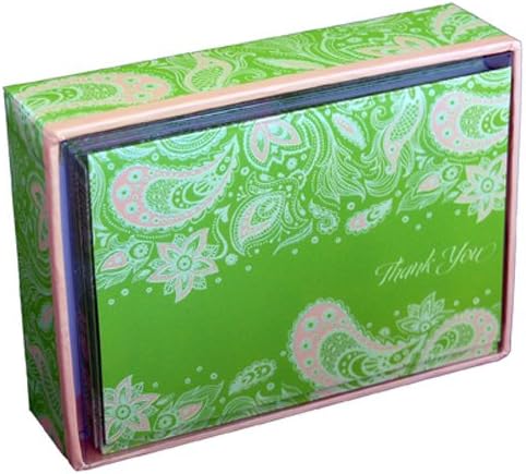 Green & Peach Paisley - Pictura Box of 14 Thank You Cards