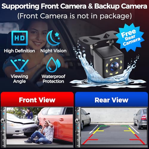 Kissound Double Din Car Stereo with 7" HD Touchscreen, Wireless Apple Carplay & Android Auto, Bluetooth, 240W, SWC, Subwoofer Output, Mirror Link, FM/AM Car Radio Receiver, Backup Camera