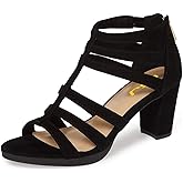 FSJ Women Chunky Mid High Heel Sandals Open Toe T-Strap Pumps Cutout Dress Party Prom Office Strappy Shoes Elastic Back Zipper Size 4-15 US