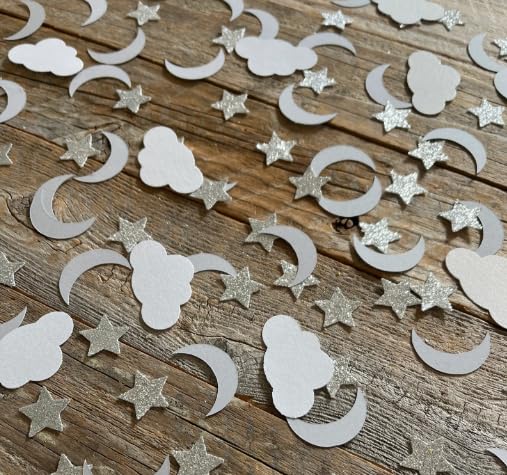 Photo 1 of 100PCS Twinkle Little Star Moon Cloud Paper Confetti - Double Side Table Paper Confetti Sequin for Over The Moon Theme Wedding Birthday Baby Shower Moon and Star Party Ramadan Mubarak Decor