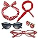 50's Costume Accessories Set Chiffon Scarf Cat Eye Glasses Bandana Tie Headband and Earrings (OneSize, Red)