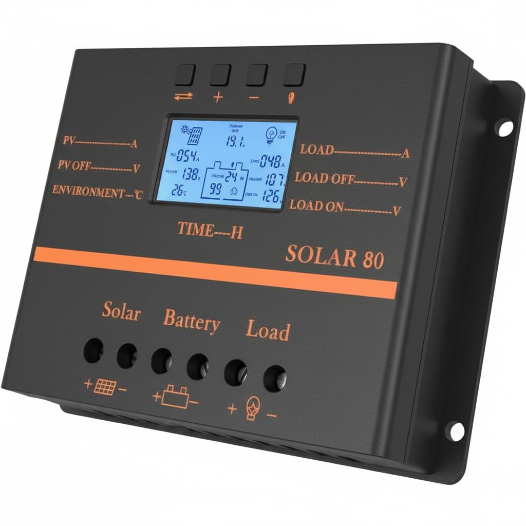 Solar Controller 80A 12V / 24V Battery charge regulator Auto 960W / 1920W with LCD display Mobile power supply charger 5V USB Enhanced heat sink (80A)