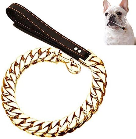 UTOPIAY 30mm Golden Dog Leash Stainless Steel Chew Proof Cuban Link Chain Explosion-proof dog lead Leash with Leather Handle for for Bully Pitbull, Mastiff, Big Breeds,50cm