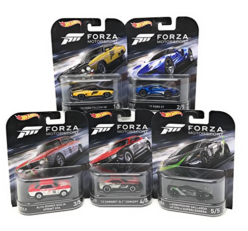 Hot Wheels FORZA Motorsport Set of 5 Cars, 73 Ford Falcon XB, 17 FORD GT, Alfa Romeo Giulia Sprint GTA, 12 Camaro ZL1 Concept, and Lamborghini Gallardo LP 570-4 Superleggera Bundle