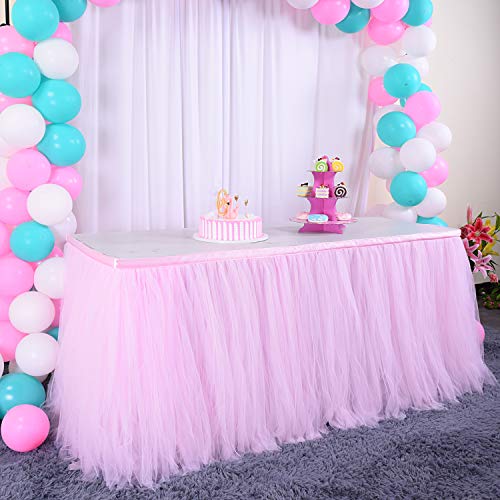 HBB Kids Handmade Tutu Tulle Table Skirt Cover for Girl Princess Birthday Party, Baby Shower, Slumber Party & Home Decoration-Beautiful, Eye Catching & Unforgettable Party Centerpiece, 1 yd, Pink - Thumbnail 2