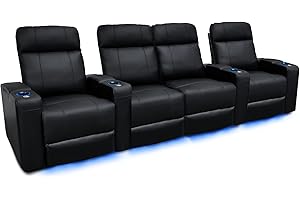 VALENCIA THEATER SEATING Valencia Piacenza Home Theater Seating | Premium Top Grain Nappa 9000 Leather, Power Recliner, Power Headrest, LED Lighting (Row of 4 Loveseat Center, Black)