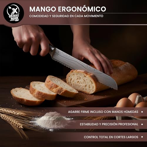 Fleximaxx Home ® Professional Bread Knife 20cm Saw Knife for Crispy Bread and Baguette Stainless Steel Kitchen Knife with Ergonomic Wooden Handle Knives Professional Kitchen Knives