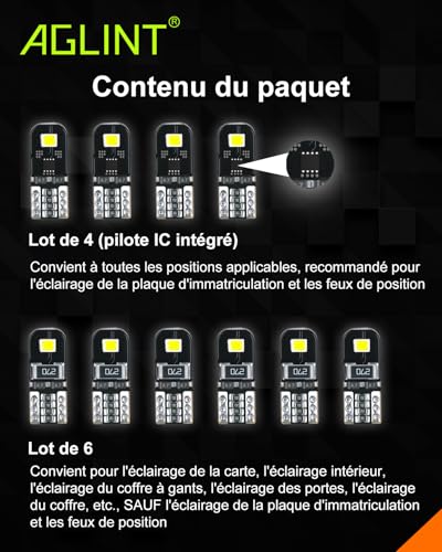 AGLINT T10 LED Bulbs Canbus Error Free 12V White No Polarity Designed W5W 194 501 168 Wedge Car Interior Dome Light Door Side Trunk Ceiling License Plate 10Pcs