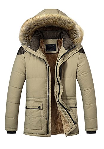 DOOXIUNDI Men's Winter Thicken Cotton Jacket With Faux Fur Hood Length Parka Coat (2XL, khaki)