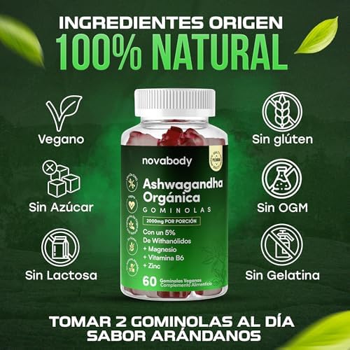 Ashwagandha Gominolas 2000mg Sin Azúcar 100% Natural, Vegana – Alta Potencia, Concentrada, con Citrato de Magnesio, Zinc y Vitamina B6 – Sin Gluten, Sin Lactosa – Sueño Profundo, 60 uds