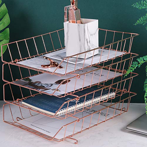 Simmer Stone Stackable Letter Tray, 4-Tier Desk File Organizer for Mails, Magazines, Documents and Accessories, Wire Paper Tray for Home, School and Office, Rose Gold