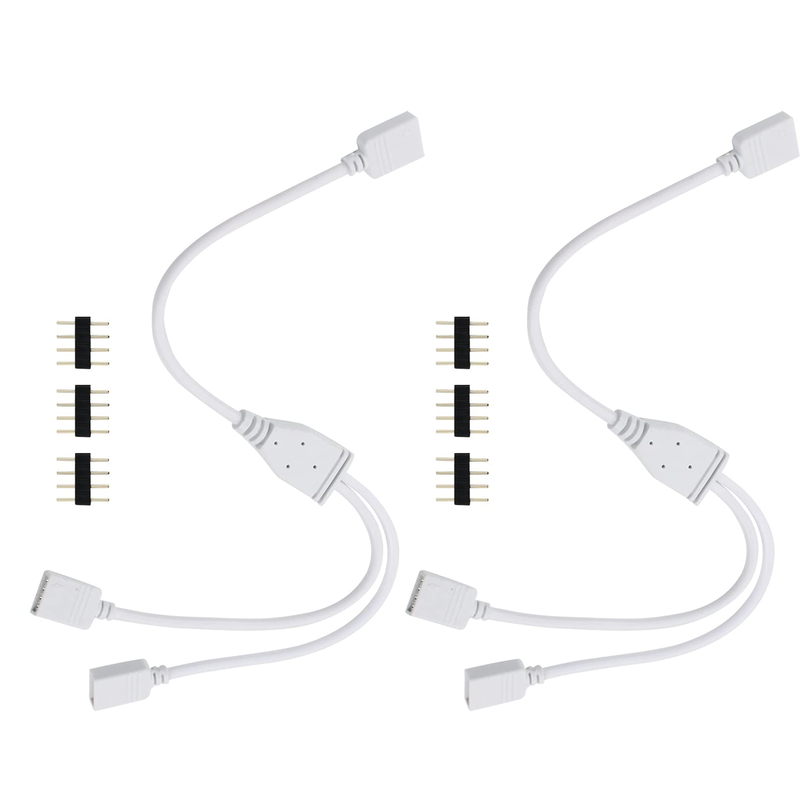 VIPMOON 2 Pack 4 Pin RGB LED Strip Connector Splitter 1 to 2 Female Ports with 6 Pcs Male to Male Plugs for 5050 3528 2835 SMD LED Strip Lights, No Soldering Needed for DIY Home Decoration