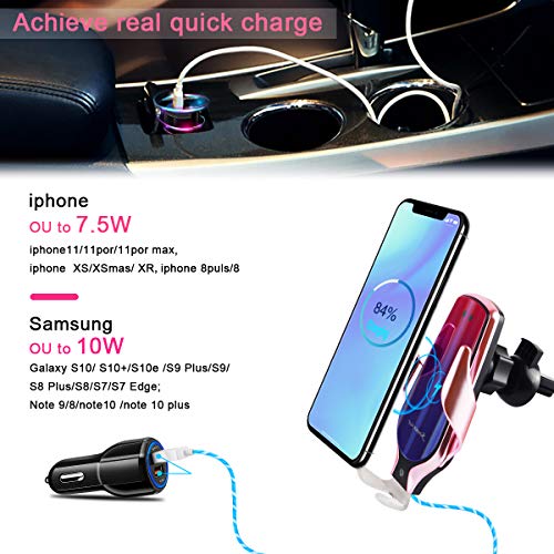 Smart Sensor Wireless Car Charger Mount, Automatic Clamping QC/QI 10W Fast Charging Car Charger Holder Compatible with iPhone 11/Xs/Xs Max/XR/X /8,Samsung Galaxy Note 9/ S9/ S9+/ S8 etc(Pink)