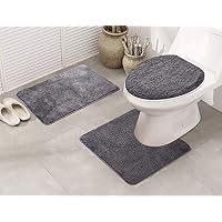 Mk Home 3pc Non-Slip Solid Charcoal/Dark Grey Bath Set for Bathroom with Bath Rug, Contour Mat and Lid Cover New # Angela