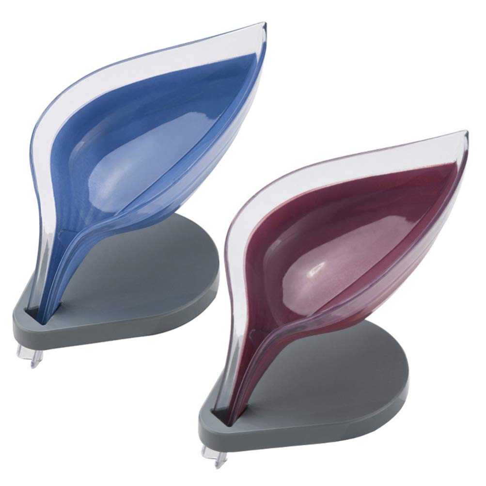 Healifty 2pcs Slanted Soap Dish Leaf Shaped Drain Soap Holder Shower Soap Dish Soap Saver Drying Rack for Bathroom and Kitchen Sink Blue Purple Pink