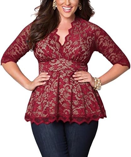 WANTU Womens Sexy Big Size V-neck Sleeved Floral Lace Tunic Blouse (US 16, wine red)