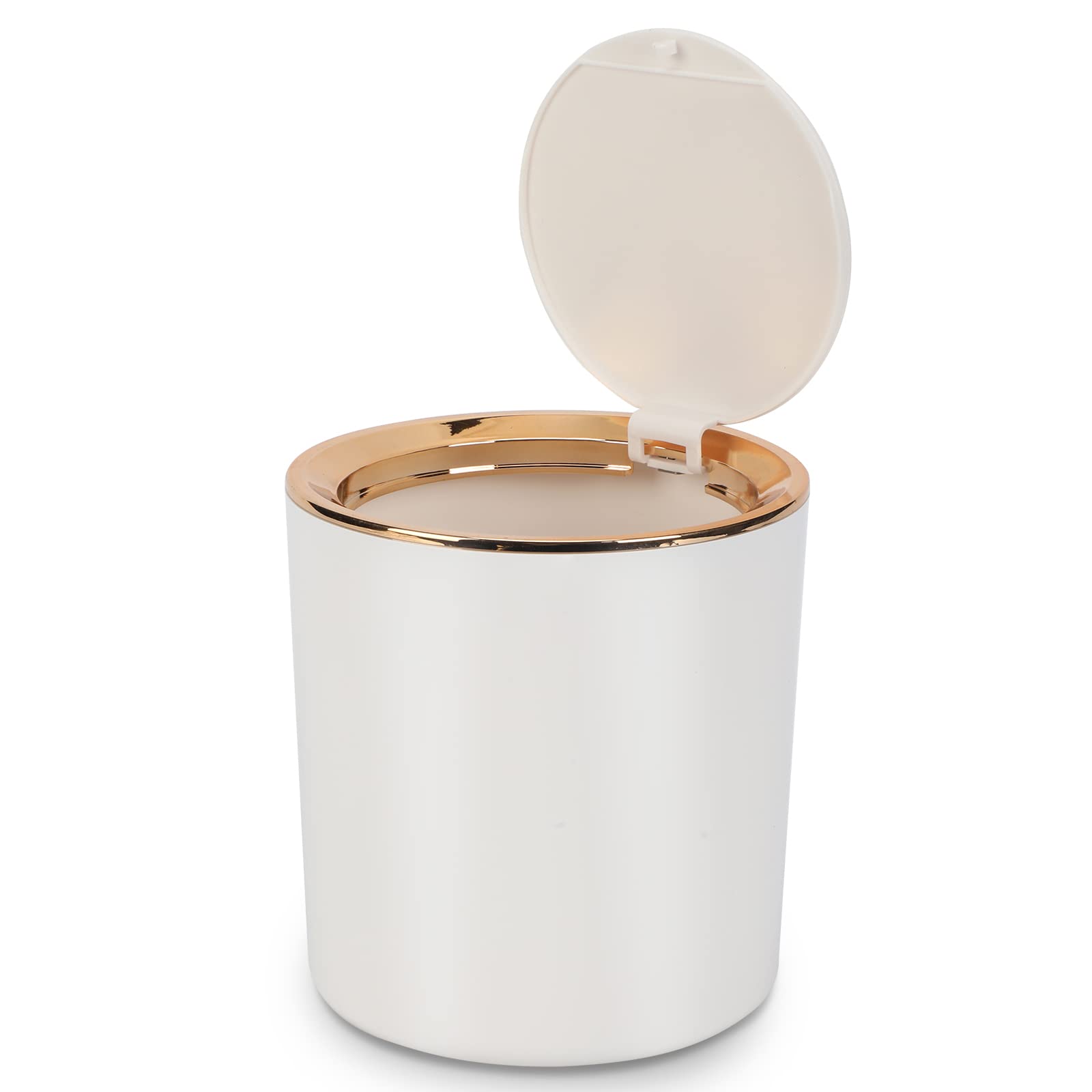 Desk Bin with Lid, Mini Table Trash Can,15 * 14.5cm Portable Small Dustbin for Bathroom Living Room Kitchen Car Dressing Table (White)
