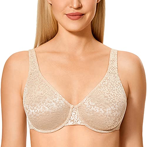 DELIMIRA Women's Sheer Minimizer Plus Size Bra Full Coverage Unlined Underwire