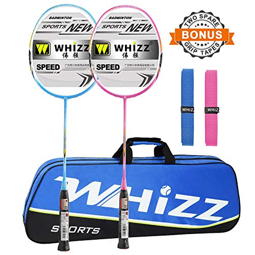 WHIZZ Graphite Frame Badminton Rackets for Adults, Carbon Fiber Light Durable Racquet for Beginners, 87g Strung, Includes Large Carry Bag / 2 Grip Tapes (Blue+Pink)