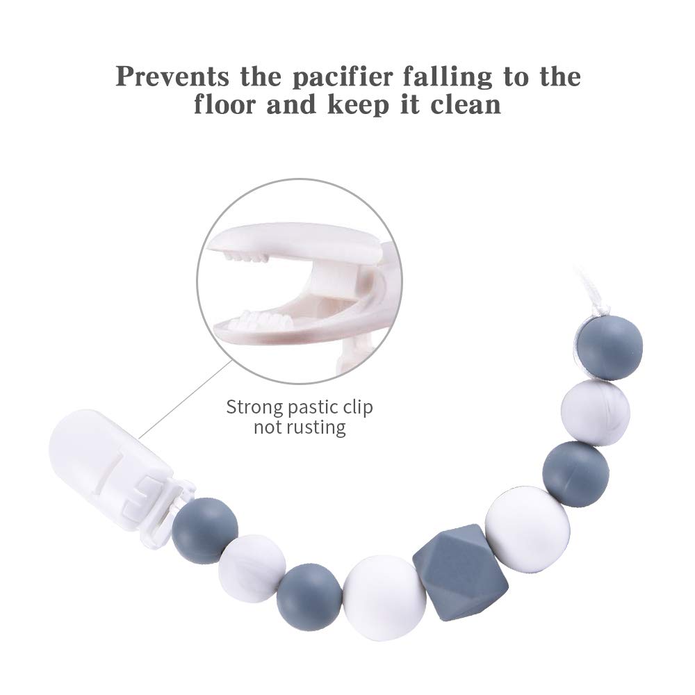 Dummy Clips Baby Pacifier Clips Unisex Baby Soother Chains Dummy Chain Silicone for Girls Personalised Teething Silicone Beads with Cute Animals Teether Toys for Boys (Gray)