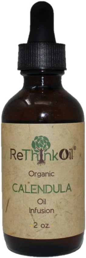 ReThinkOil - 2 oz Organic Calendula -Jojoba Oil Infusion (Glass Bottle with Pump Top). *Light Herbal Scent - Made from Calendula Flowers, not Extract