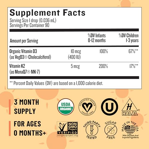 Legendairy Milk Organic Baby Vitamin D3 K2 Liquid Drops, 400 IU of Baby Vitamin D Drops for Infants with K2 Drops, Vitamin D Drops for Newborns, Toddlers, and Kids, Vegan, 90 Drops Liquid
