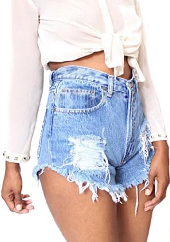 Maaax Women's Casual Sexy Hole Irregular High Waisted Denim Shorts Light Blue XS