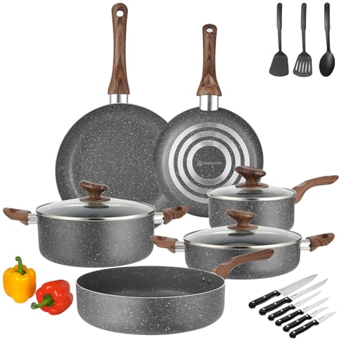 M MELENTA juego de ollas y sartenes antiadherentes, juego de ollas de granito, bateria de cocina antiadherente 18 piezas, ollas de cocina de aluminio, color gris