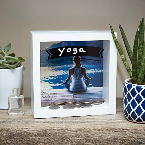OVIE Adult Piggy Bank - Shadow Box with Wood Frame - Keep in Kitchen to Track Vacation / Honeymoon/ Wedding / Adventure Funds - 6X6 Frames - Clear Glass / Picture Background / Colored Markers