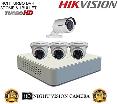 Hikvision New Upgraded 4CH Turbo HD Mini DVR with 2MP (1080P) Plastic Body Night Vision 3 Dome Cameras & 1 Bullet Camera Kit.
