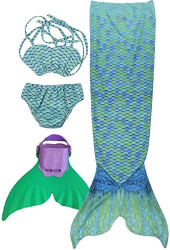 Mermaid Tail Swimwear Girls 4pcs Set Sparkle Mermaid Bikini Swimsuit Includes Monofin (6=110cm, water green)
