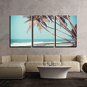 3 Piece Canvas Wall Art - Tropical Beach with Palm in Sri Lanka. Vintage Effect - Modern Home Art Stretched and Framed Ready to Hang - 16"x24"x3 Panels