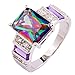 Psiroy 925 Sterling Silver Plated Emerald Cut Simulated Rainbow Topaz Wide Band Engagement Ring Size 7
