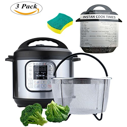 Instant Pot Steamer Basket 6 Quart 8 Quart + Free Cooker Times and Diswashing Sponge,304 Stainless Steel Steamer Insert with Silicone Covered Handle, Great for Steaming Vegetables Fruits Eggs