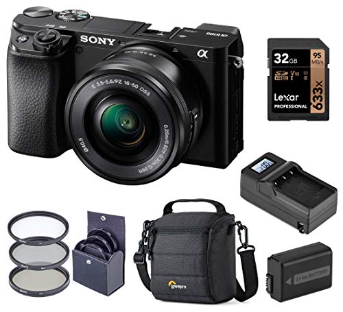 Sony Alpha A6100 Mirrorless Digital Camera, with 16-50mm Lens (Black) Basic Bundle with Filter Kit, Battery, Charger, Bag, 32GB SD Card