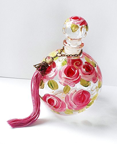 Hand Painted Rose Large Round Empty Glass Perfume Bottle with Stopper Cap and Handmade Tassel