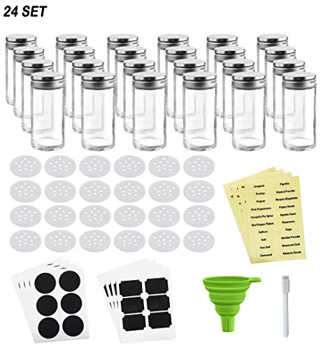Nellam French Round Glass Spice Jars - Set of 24 with Shaker Lids and Chalkboard Sticker Labels, Small 4oz Bottles - Stackable Herbs and Spices Containers - Decorative Organizers in Silver