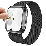 Maxjoy Compatible with Fitbit Versa Bands, Versa 2 Stainless Steel Metal Band Magnetic Mesh Replacement Bracelet Magnet Wristband with Protective Case Compatible with Fitbit Versa 2 1 Watch, Black
