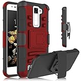 LG K8 Case, Escape 3 Case, Phoenix 2 Case, Heng Tech (TM) Full Body Hybrid Rubber Silicone Shockproof Defender Heavy Duty Holster Belt Clip Kickstand Case For LG K8 ( Red / Black)