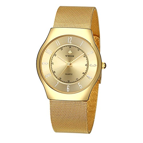 Wwoor Casual Men's Analog Quartz Watches Women Slim Stainless Steel Mesh Strap Luxury Dress Watch Gold