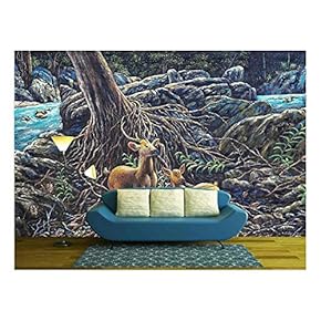 Oil Painting on Canval - Deer in The Forest - Removable Wall Mural | Self-Adhesive Large Wallpaper - 66x96 inches