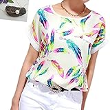 Lookatool Women's Feathers Chiffon Blouse Top Casual Short Sleeve Loose T-Shirt (XXL)