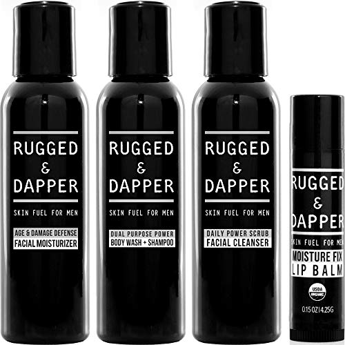 RUGGED & DAPPER Core Regimen Travel Kit, Includes Age Defense Facial Moisturizer, Daily Scrub Face Wash, Body Wash plus Shampoo and Organic Lip Balm