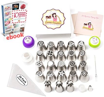 Russian Piping Tips Set 50 Piece Cake Baking Supplies - 24 Russian Nozzles(includes 3 Sphere Ball Icing Tips + Leaf Tip) + 20 Pastry Disposable Bags, 3 Couplers + Cleaning Brush + 2 Booklets