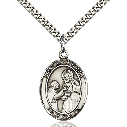 Sterling Silver St. John of God Pendant 1 x 3/4 inches with Heavy Curb Chain