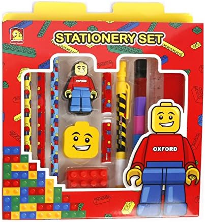 Brick Figure Design Pencil Stationery, Sharp, Pencil, Cap, Ruler, Eraser, Color Pencil Set for Kids, Children (StandardRed)