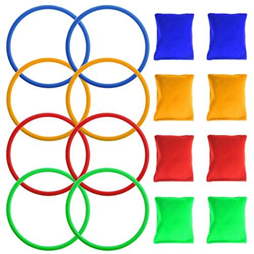 Jyongmer 16 Pieces Nylon Bean Bags Plastic Rings Game Set for Carnival Outdoor Games Garden Backyard Games Kids Ring Toss Game Party Games Supplies