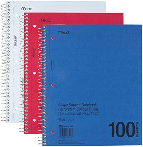 Spiral Bound 1 Subject Notebook, College Rule, White, 100 Sheets/Pad